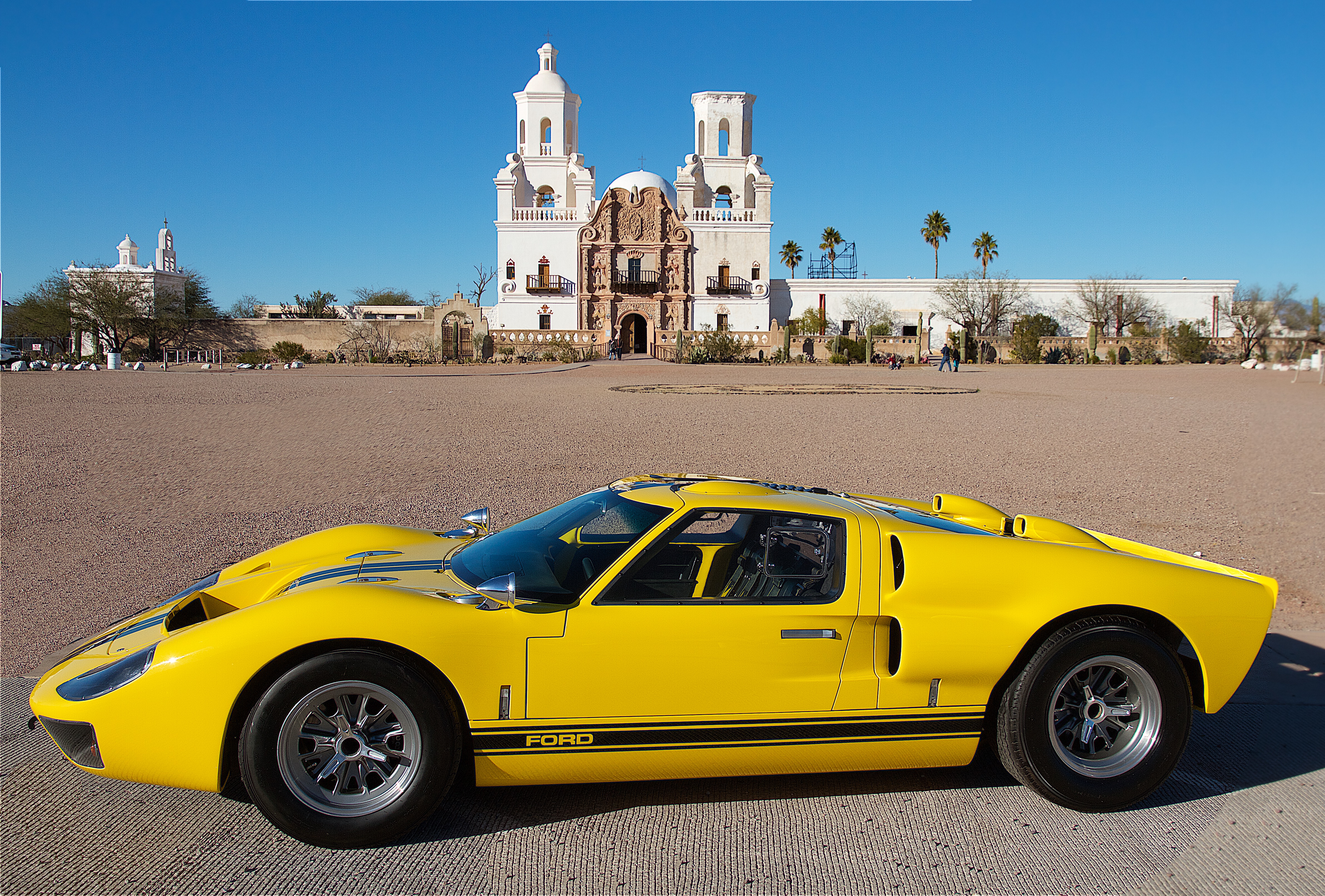 yellow and black superformance gt40 at san Xavier mission tucson