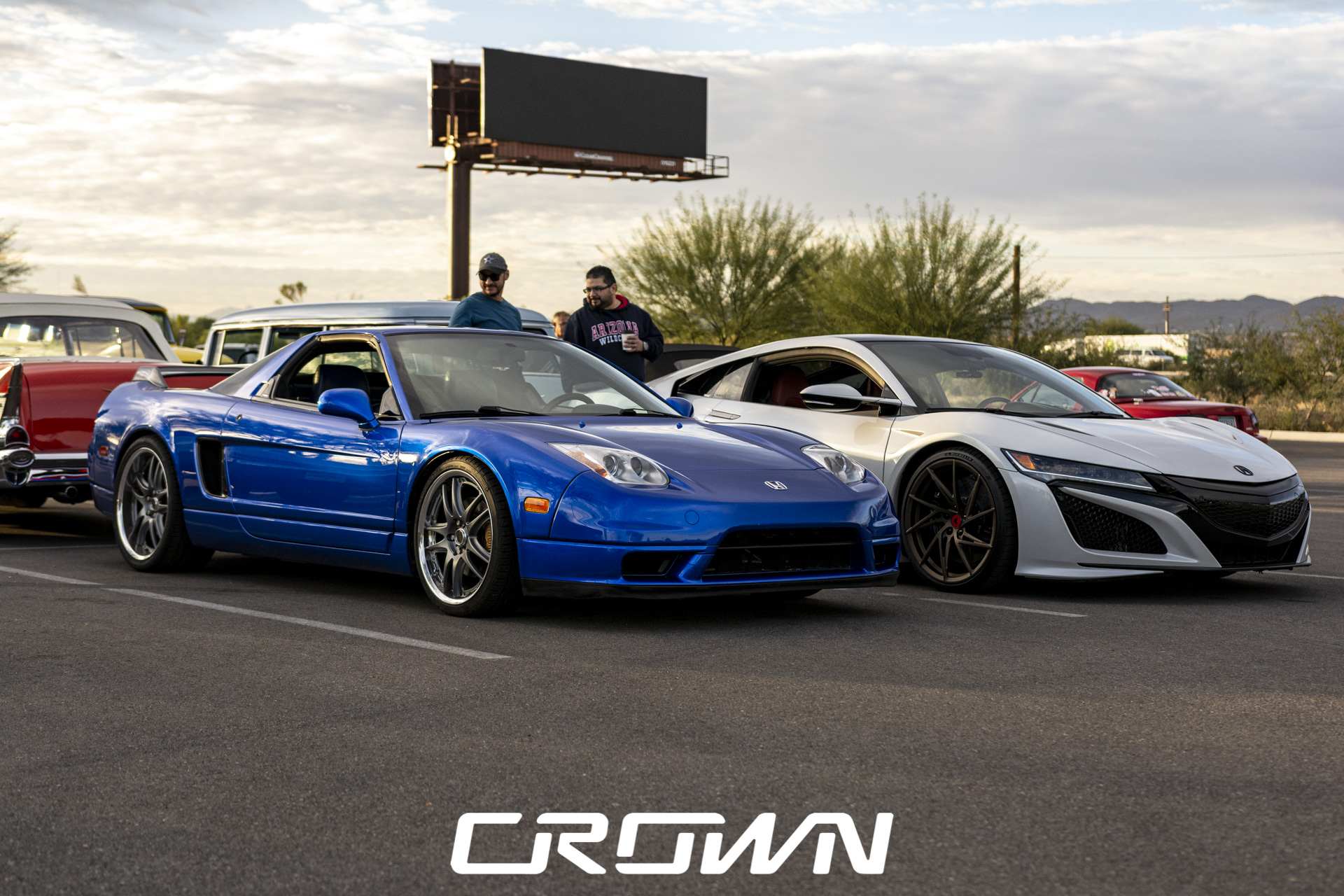 classic blue Honda NSX and silver Acura NSX