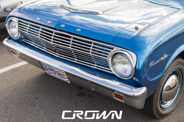 Close-up of the grille and headlight on a restored 1963 Ford Falcon Sprint