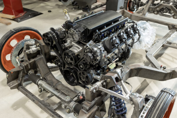 LS3 crate engine mounted on a Roadster Shop chassis for a 1963 Corvette restomod