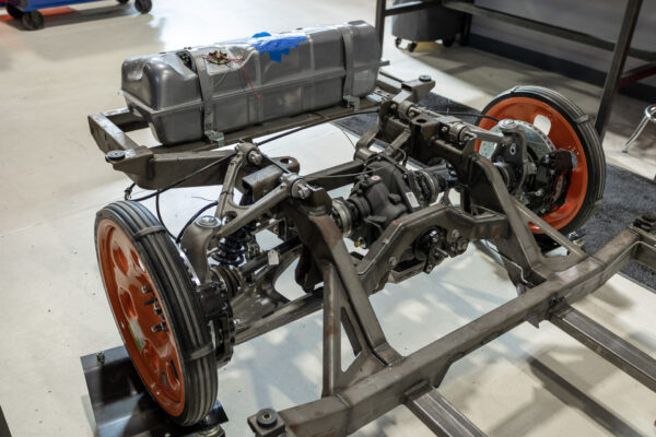 Rear differential and fuel cell area of a 1963 Corvette Sting Ray convertible chassis build