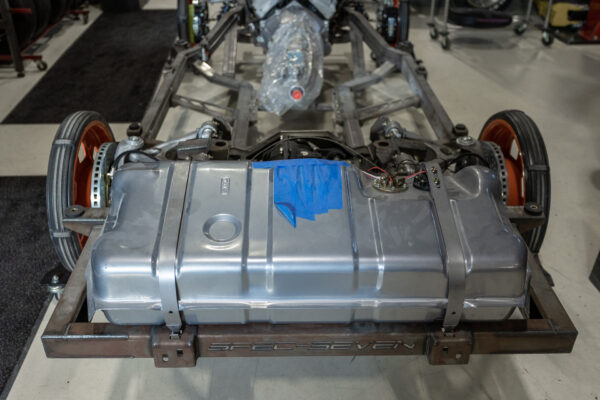 Custom fuel cell mounted in the rear of a 1963 Corvette Sting Ray convertible chassis