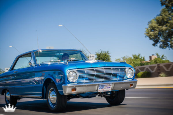 1963 Ford Falcon Sprint driving, front three-quarter action shot