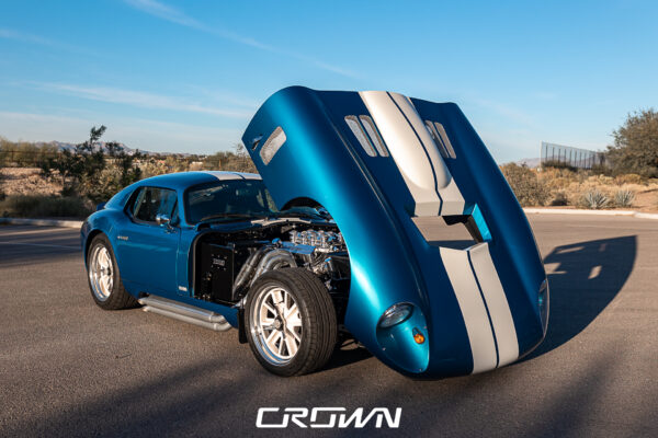 Side profile of a Shelby Daytona Coupe, chassis CSX9170, blue with white stripes