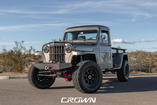 Custom 1961 Willys Jeep Pickup restomod built by Crown Customs in Tucson, Arizona, with restored bodywork, custom interior, 4x4 upgrades, and modern electronics.