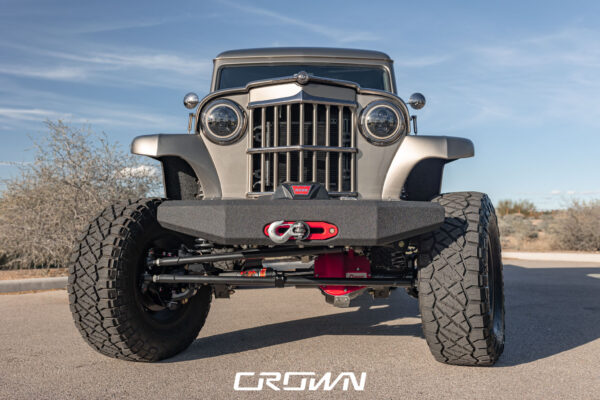 Custom 1961 Willys Jeep Pickup restomod built by Crown Customs in Tucson, Arizona, with restored bodywork, custom interior, 4x4 upgrades, and modern electronics.