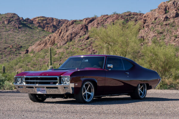 Custom 1969 Buick GS400 restomod built by Crown Customs in Tucson, Arizona, with LS376/480 power, 4L70-E automatic transmission, Forgeline wheels, black stripes, and custom interior work.