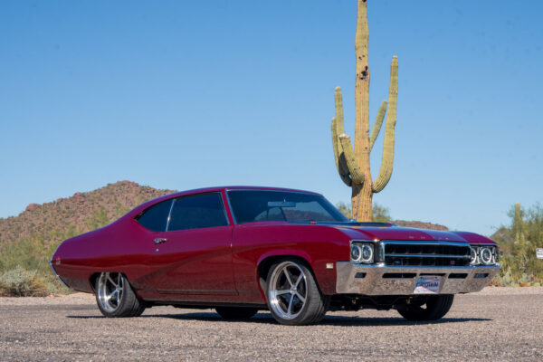 Custom 1969 Buick GS400 restomod built by Crown Customs in Tucson, Arizona, with LS376/480 power, 4L70-E automatic transmission, Forgeline wheels, black stripes, and custom interior work.