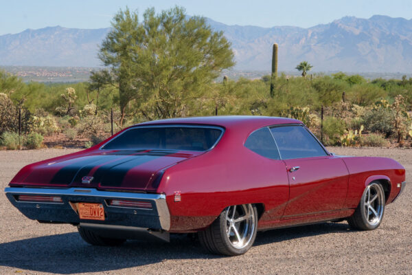 Custom 1969 Buick GS400 restomod built by Crown Customs in Tucson, Arizona, with LS376/480 power, 4L70-E automatic transmission, Forgeline wheels, black stripes, and custom interior work.