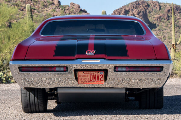 Custom 1969 Buick GS400 restomod built by Crown Customs in Tucson, Arizona, with LS376/480 power, 4L70-E automatic transmission, Forgeline wheels, black stripes, and custom interior work.