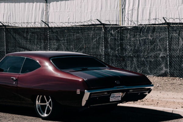Custom 1969 Buick GS400 restomod built by Crown Customs in Tucson, Arizona, with LS376/480 power, 4L70-E automatic transmission, Forgeline wheels, black stripes, and custom interior work.
