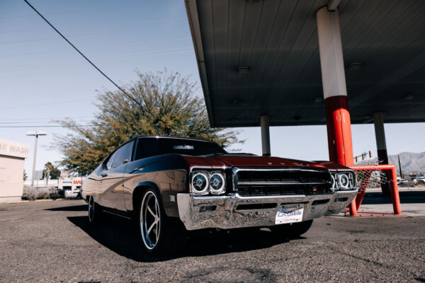 Custom 1969 Buick GS400 restomod built by Crown Customs in Tucson, Arizona, with LS376/480 power, 4L70-E automatic transmission, Forgeline wheels, black stripes, and custom interior work.