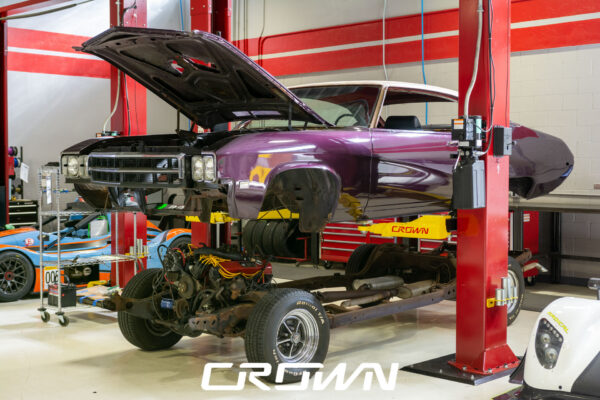 Custom 1969 Buick GS400 restomod built by Crown Customs in Tucson, Arizona, with LS376/480 power, 4L70-E automatic transmission, Forgeline wheels, black stripes, and custom interior work.
