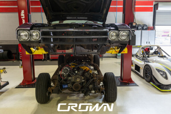 Custom 1969 Buick GS400 restomod built by Crown Customs in Tucson, Arizona, with LS376/480 power, 4L70-E automatic transmission, Forgeline wheels, black stripes, and custom interior work.