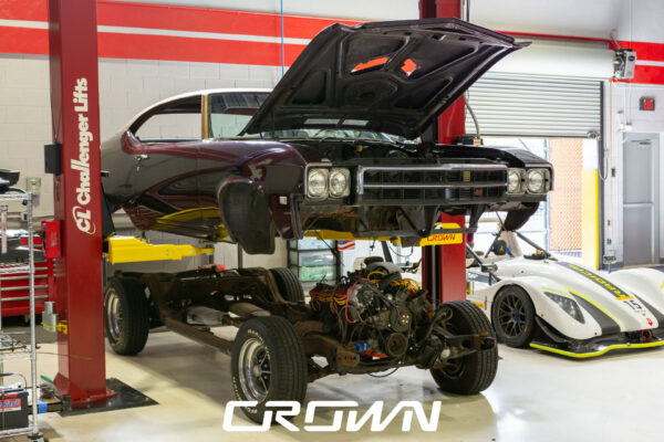 Custom 1969 Buick GS400 restomod built by Crown Customs in Tucson, Arizona, with LS376/480 power, 4L70-E automatic transmission, Forgeline wheels, black stripes, and custom interior work.
