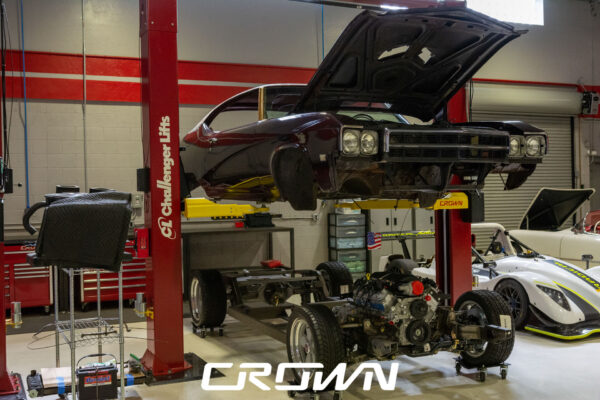 Custom 1969 Buick GS400 restomod built by Crown Customs in Tucson, Arizona, with LS376/480 power, 4L70-E automatic transmission, Forgeline wheels, black stripes, and custom interior work.