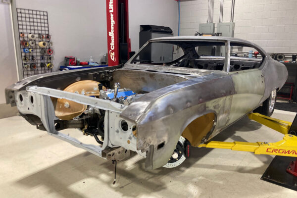 Custom 1969 Buick GS400 restomod built by Crown Customs in Tucson, Arizona, with LS376/480 power, 4L70-E automatic transmission, Forgeline wheels, black stripes, and custom interior work.