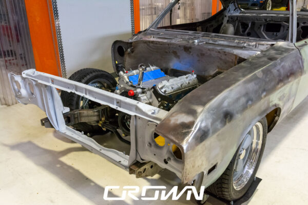 Custom 1969 Buick GS400 restomod built by Crown Customs in Tucson, Arizona, with LS376/480 power, 4L70-E automatic transmission, Forgeline wheels, black stripes, and custom interior work.