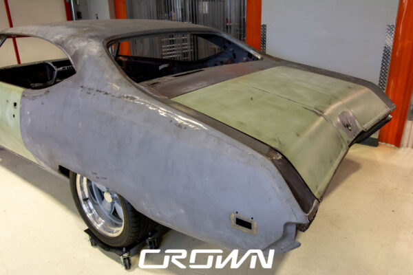 Custom 1969 Buick GS400 restomod built by Crown Customs in Tucson, Arizona, with LS376/480 power, 4L70-E automatic transmission, Forgeline wheels, black stripes, and custom interior work.