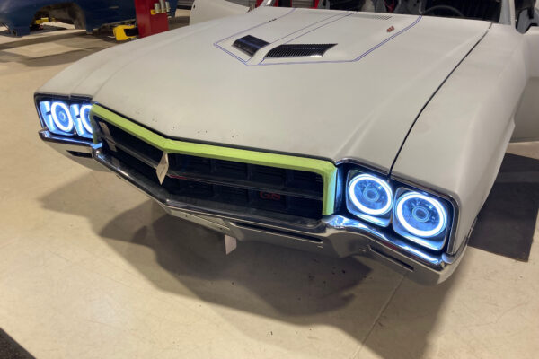 Custom 1969 Buick GS400 restomod built by Crown Customs in Tucson, Arizona, with LS376/480 power, 4L70-E automatic transmission, Forgeline wheels, black stripes, and custom interior work.