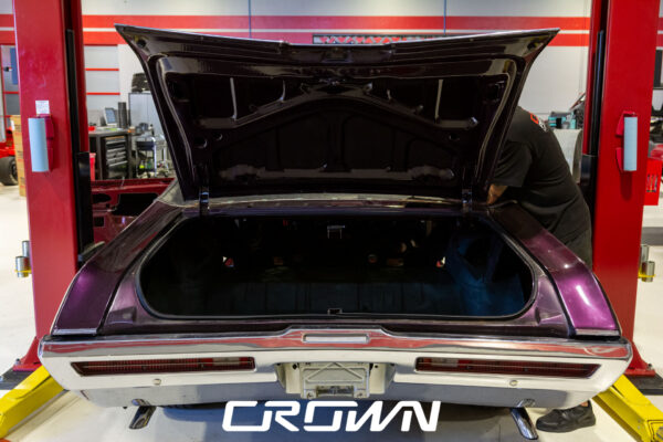 Custom 1969 Buick GS400 restomod built by Crown Customs in Tucson, Arizona, with LS376/480 power, 4L70-E automatic transmission, Forgeline wheels, black stripes, and custom interior work.