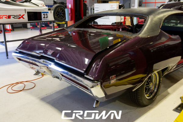 Custom 1969 Buick GS400 restomod built by Crown Customs in Tucson, Arizona, with LS376/480 power, 4L70-E automatic transmission, Forgeline wheels, black stripes, and custom interior work.