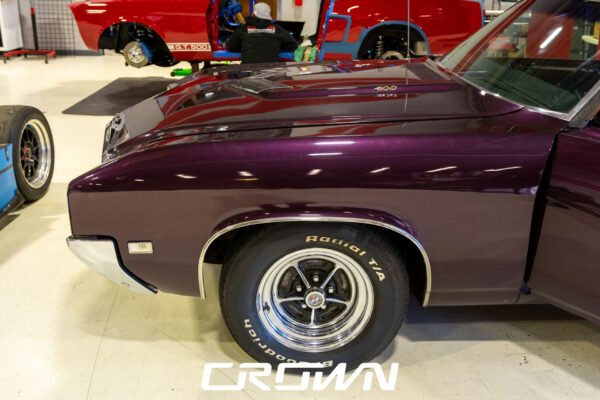 Custom 1969 Buick GS400 restomod built by Crown Customs in Tucson, Arizona, with LS376/480 power, 4L70-E automatic transmission, Forgeline wheels, black stripes, and custom interior work.