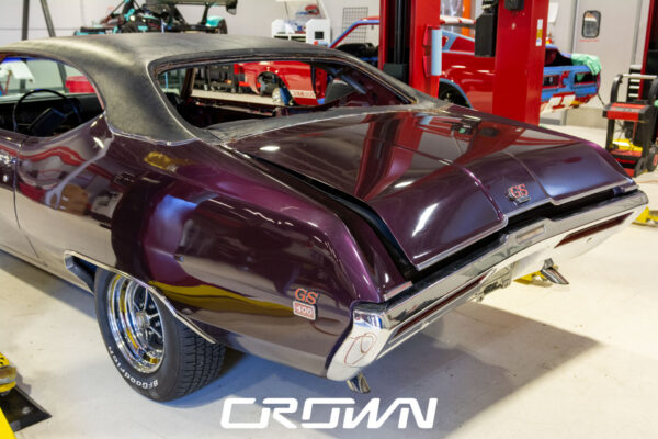 Custom 1969 Buick GS400 restomod built by Crown Customs in Tucson, Arizona, with LS376/480 power, 4L70-E automatic transmission, Forgeline wheels, black stripes, and custom interior work.