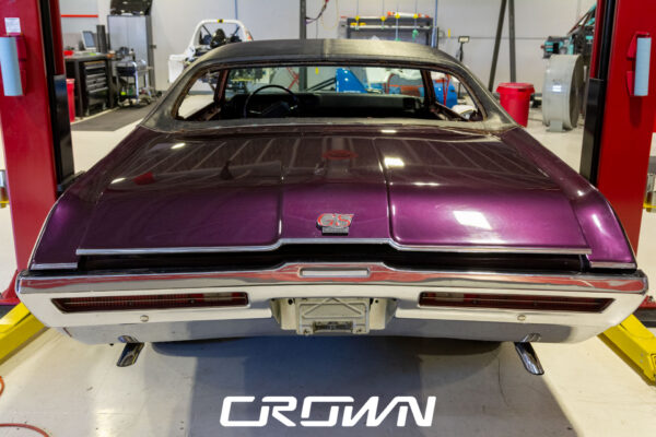 Custom 1969 Buick GS400 restomod built by Crown Customs in Tucson, Arizona, with LS376/480 power, 4L70-E automatic transmission, Forgeline wheels, black stripes, and custom interior work.