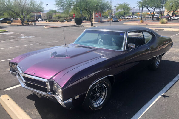 Custom 1969 Buick GS400 restomod built by Crown Customs in Tucson, Arizona, with LS376/480 power, 4L70-E automatic transmission, Forgeline wheels, black stripes, and custom interior work.