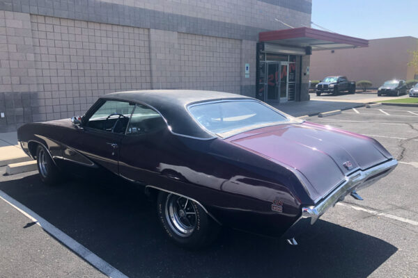 Custom 1969 Buick GS400 restomod built by Crown Customs in Tucson, Arizona, with LS376/480 power, 4L70-E automatic transmission, Forgeline wheels, black stripes, and custom interior work.