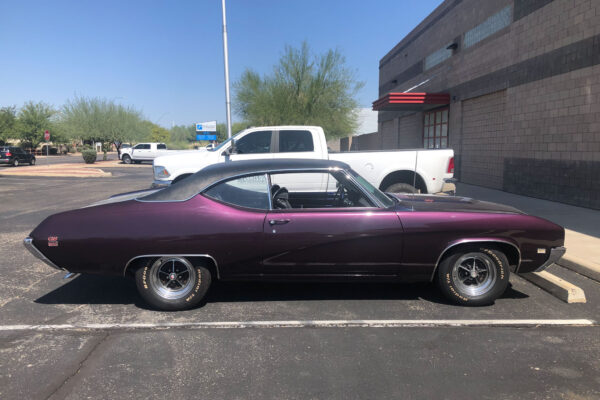 Custom 1969 Buick GS400 restomod built by Crown Customs in Tucson, Arizona, with LS376/480 power, 4L70-E automatic transmission, Forgeline wheels, black stripes, and custom interior work.