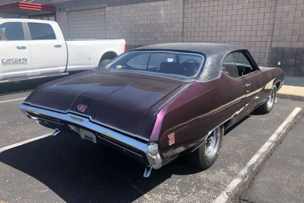 Custom 1969 Buick GS400 restomod built by Crown Customs in Tucson, Arizona, with LS376/480 power, 4L70-E automatic transmission, Forgeline wheels, black stripes, and custom interior work.