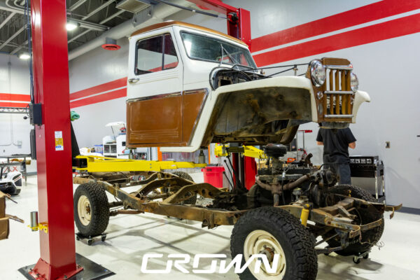 Custom 1961 Willys Jeep Pickup restomod built by Crown Customs in Tucson, Arizona, with restored bodywork, custom interior, 4x4 upgrades, and modern electronics.