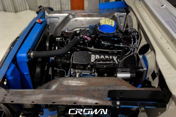 Close-up of the Brodix engine and Wilwood brake components in a 1964 Chevrolet Nova build