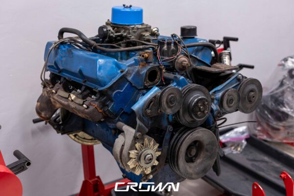 Rebuilt 427 FE Ford big block engine on an engine stand for a 1966 Thunderbird restoration