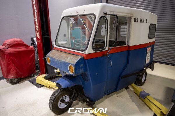1964 Rand Mailster US Mail delivery vehicle, front three-quarter view during electric drivetrain conversion