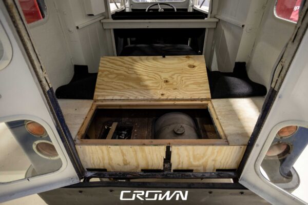 Custom battery box under construction in the cargo area of a 1964 Rand Mailster electric conversion