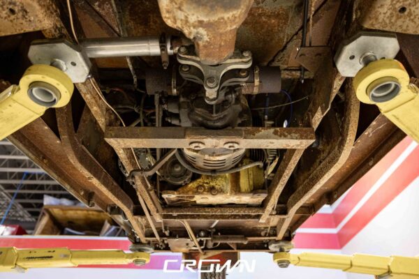 Rear differential detail on a 1964 Rand Mailster electric conversion at Crown Customs