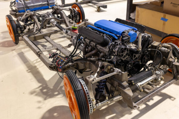 Complete rolling chassis with LS engine mounted for a 1963 Corvette Sting Ray restomod