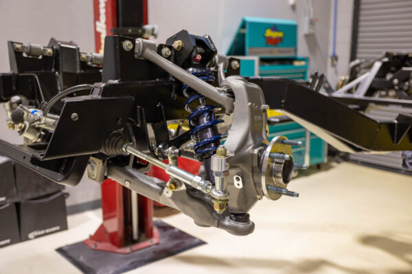 Front suspension coilover assembly on a 1963 Corvette Sting Ray restomod chassis
