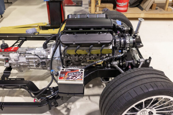 Front view of a complete rolling chassis with LS7 engine and transmission, 1963 Corvette Sting Ray restomod