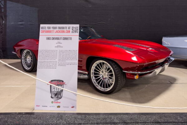 Display placard for a 1963 Corvette Sting Ray restomod at the Barrett-Jackson auction