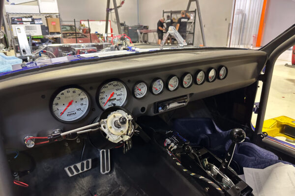 The 1965 Ford Mustang Fastback twin turbo custom build during engine and driveline work at Crown Customs