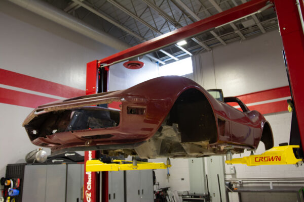 The 1970 Chevrolet Corvette body separated from its frame during a frame-off restoration at Crown Customs