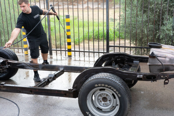 The 1970 Chevrolet Corvette body separated from its frame during a frame-off restoration at Crown Customs