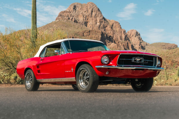 Fully restored 1967 Ford Mustang Convertible by Crown Customs in Tucson, Arizona, presented as completed classic car restoration photography.