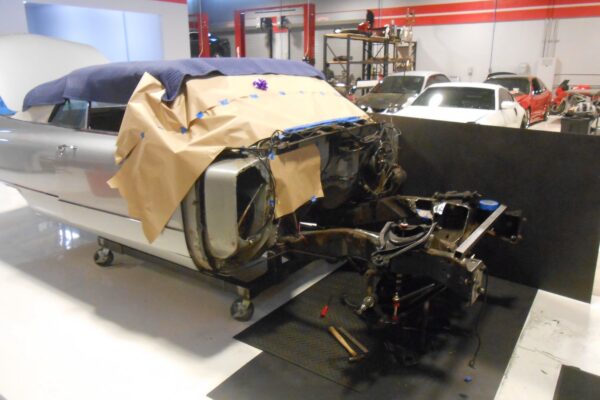 1960 Cadillac Coupe deVille convertible restomod in progress at Crown Customs, 502 big-block build