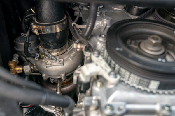 Turbocharger and accessory drive on the Ford EcoBoost engine fitted to the 1967 Austin FX4 London taxi cab