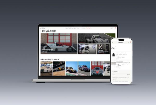 The Crown Speed Shop storefront on a laptop showing Factory Radical Parts, Shop by Model and Crown Gear, beside a phone showing a cart with a Radical brake line and a Crown gear vest